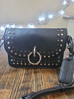 Sole Society Black Studded Moto Mini Crossbody with Silver Ring Accent